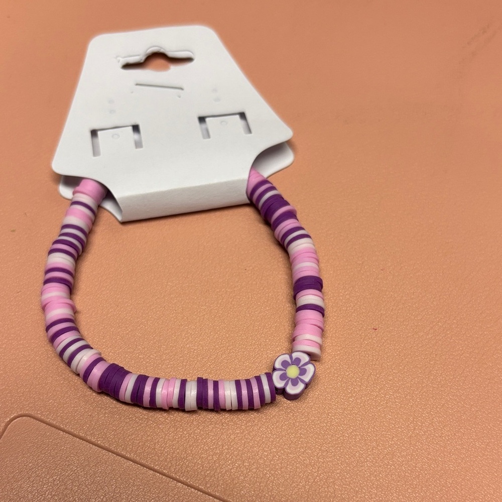 Purple and Pink Beaded Bracelet with Flower Charm